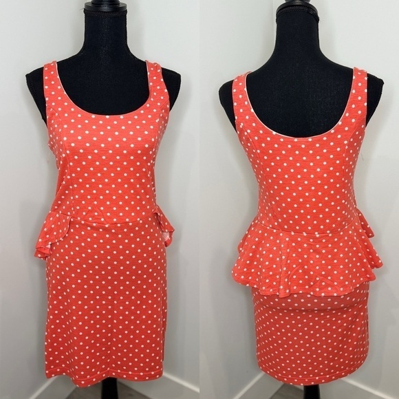 Poof Orange and White Polka Dot Sleeveless Midi Dress (L) - Picture 1 of 9